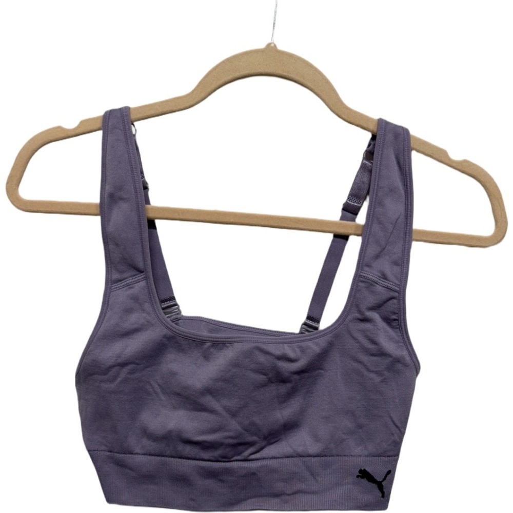 Puma Seamless Sports Bra Womens Large Gray Purple Med Support Strappy Athletic